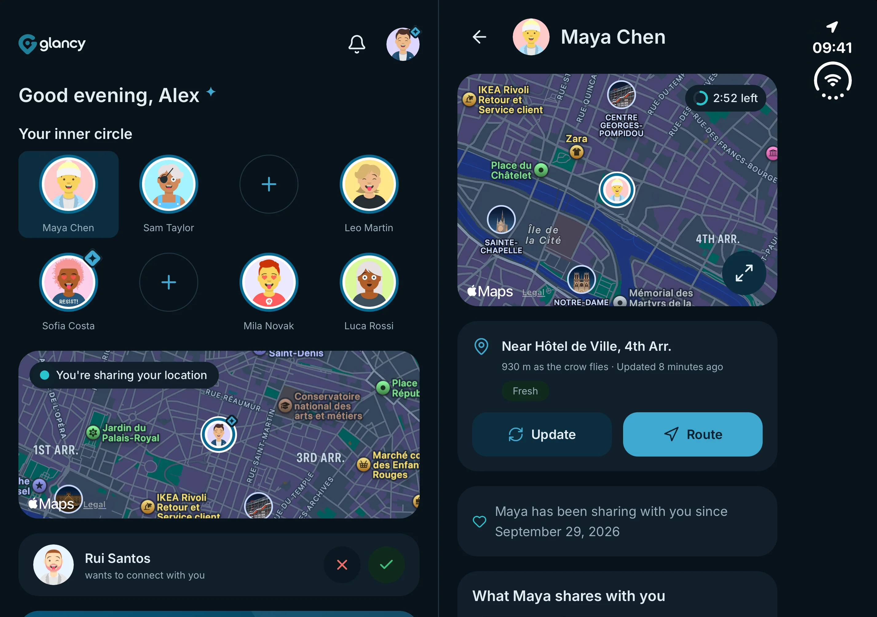 glancy on the unfolded iPhone Duo: favourites on the left, Maya Chen’s location and map on the right, in the dark app theme.