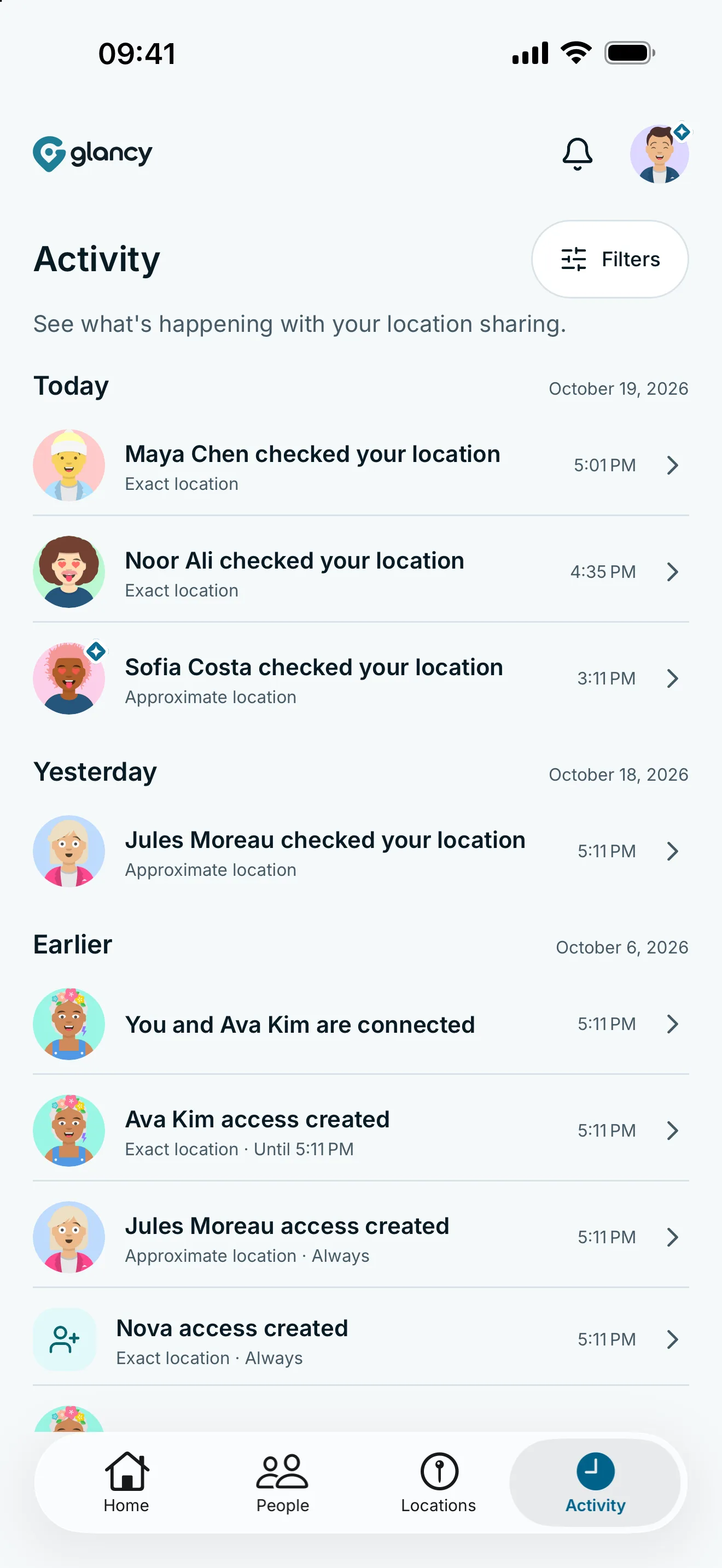 The glancy activity screen shows who viewed your location and when.
