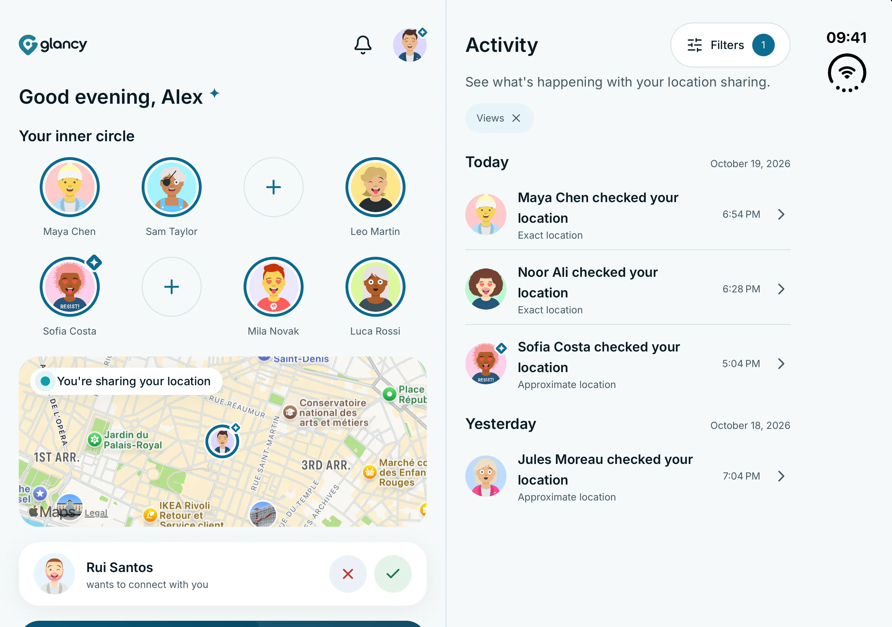 Home with favourites and your own map on the left, the access log filtered to location views on the right.