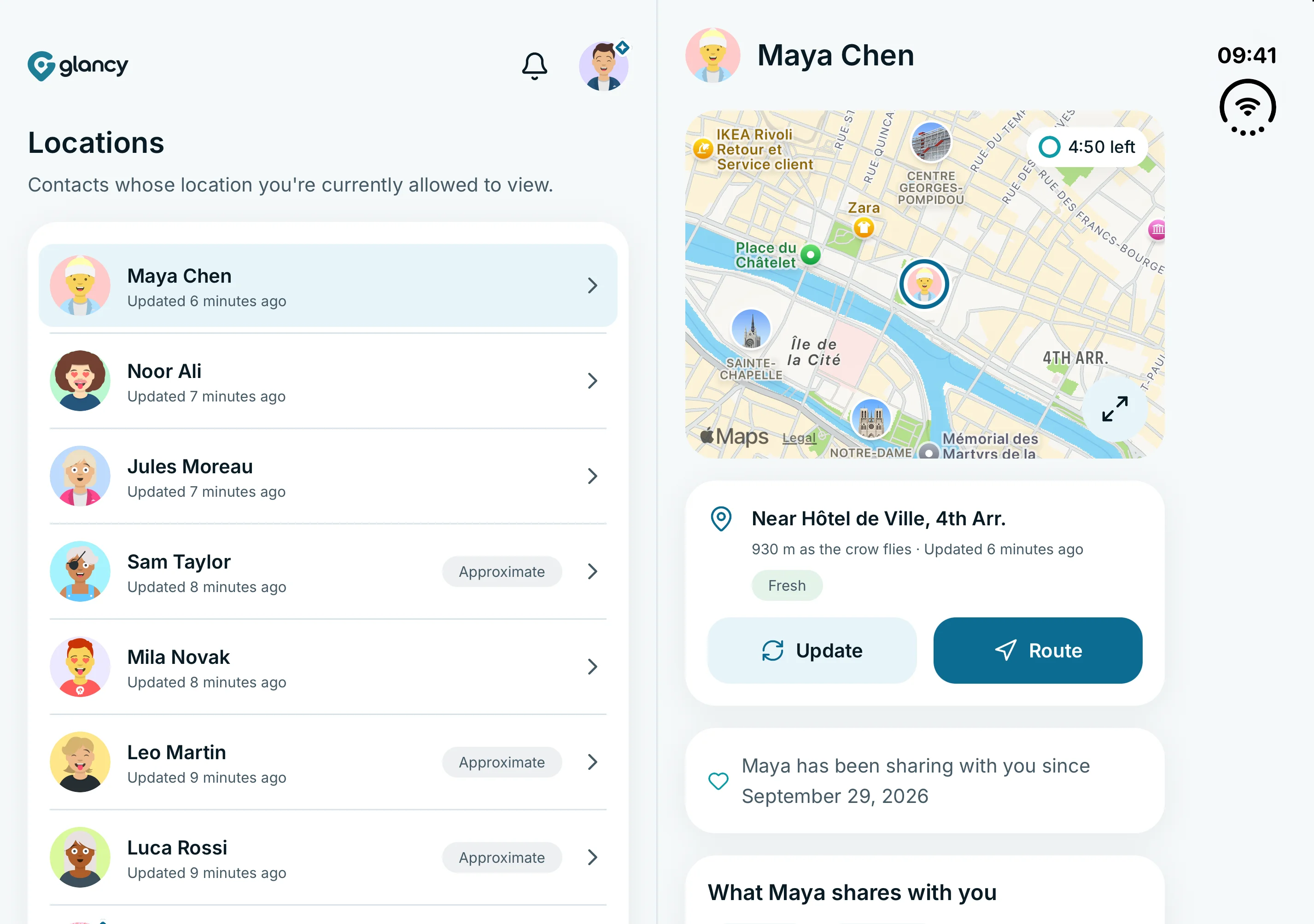 Location list on the left and Maya Chen’s location, map and distance on the right on iPhone Duo.