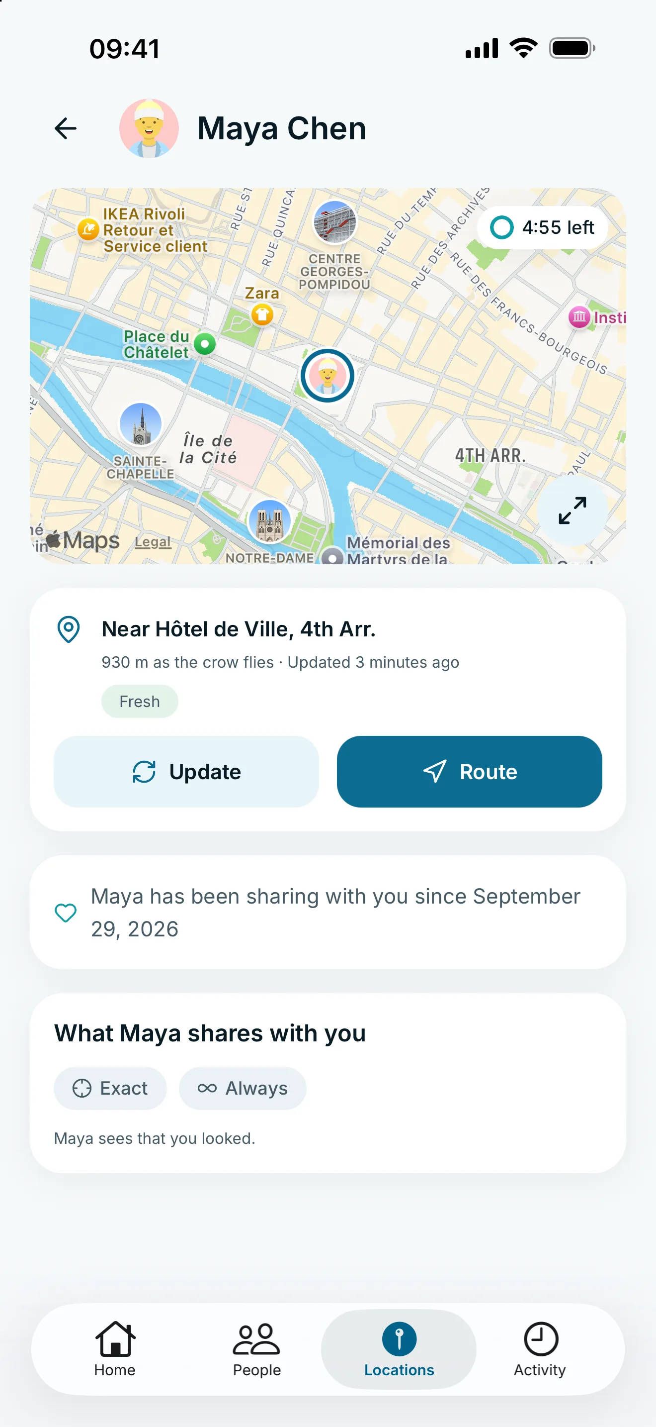 Maya’s location in glancy, with a map, update button and sharing details.