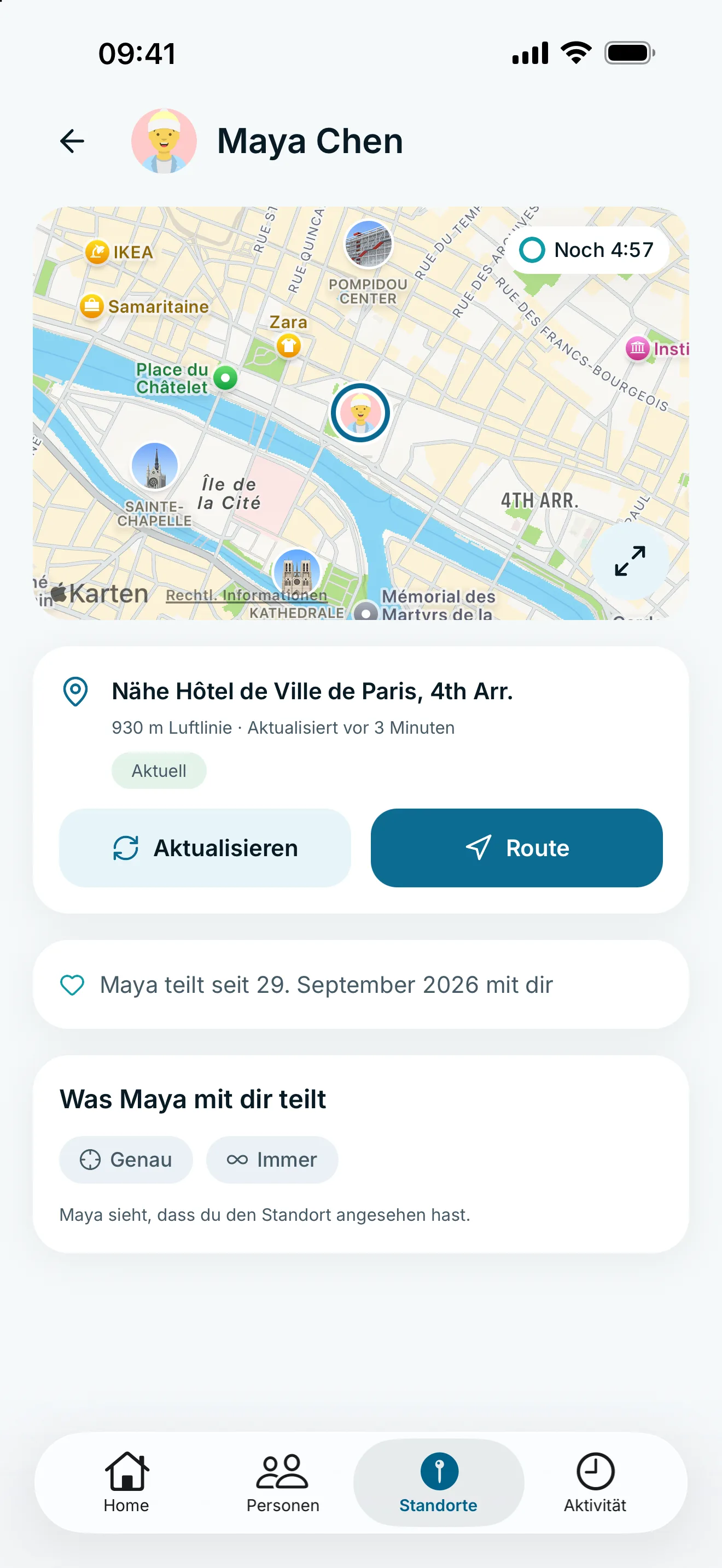 Mayas Standortansicht in glancy mit Karte, Aktualisierung und Freigabedetails.