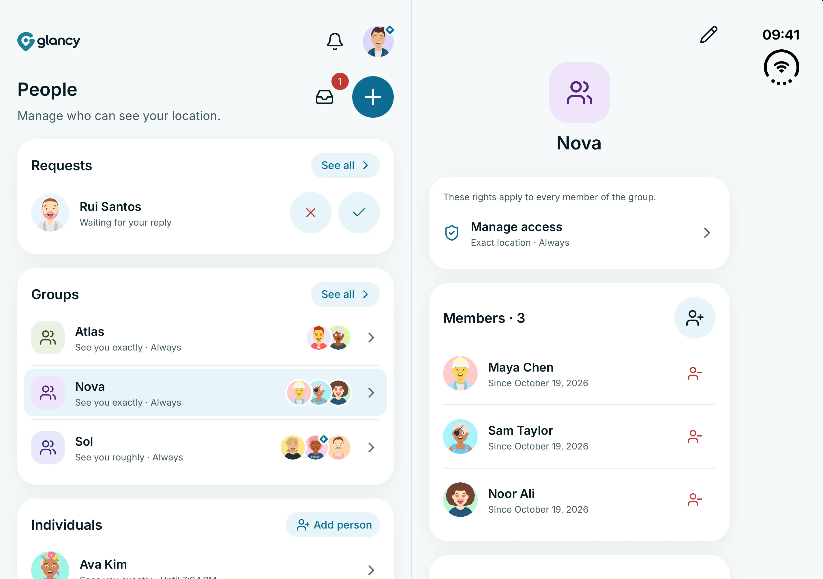 People and groups on the left, the selected Nova group with access rules and members on the right.