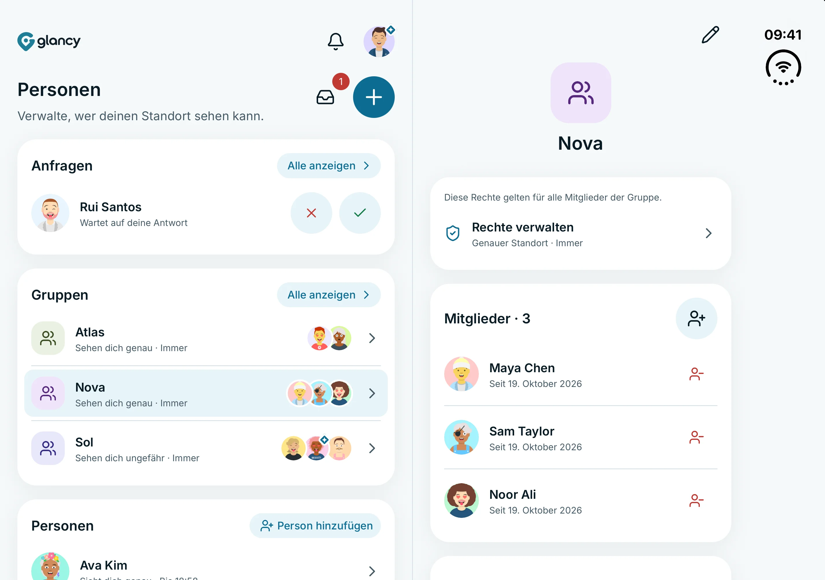 Personen und Gruppen links, die ausgewählte Gruppe Nova mit Freigaberechten und Mitgliedern rechts.