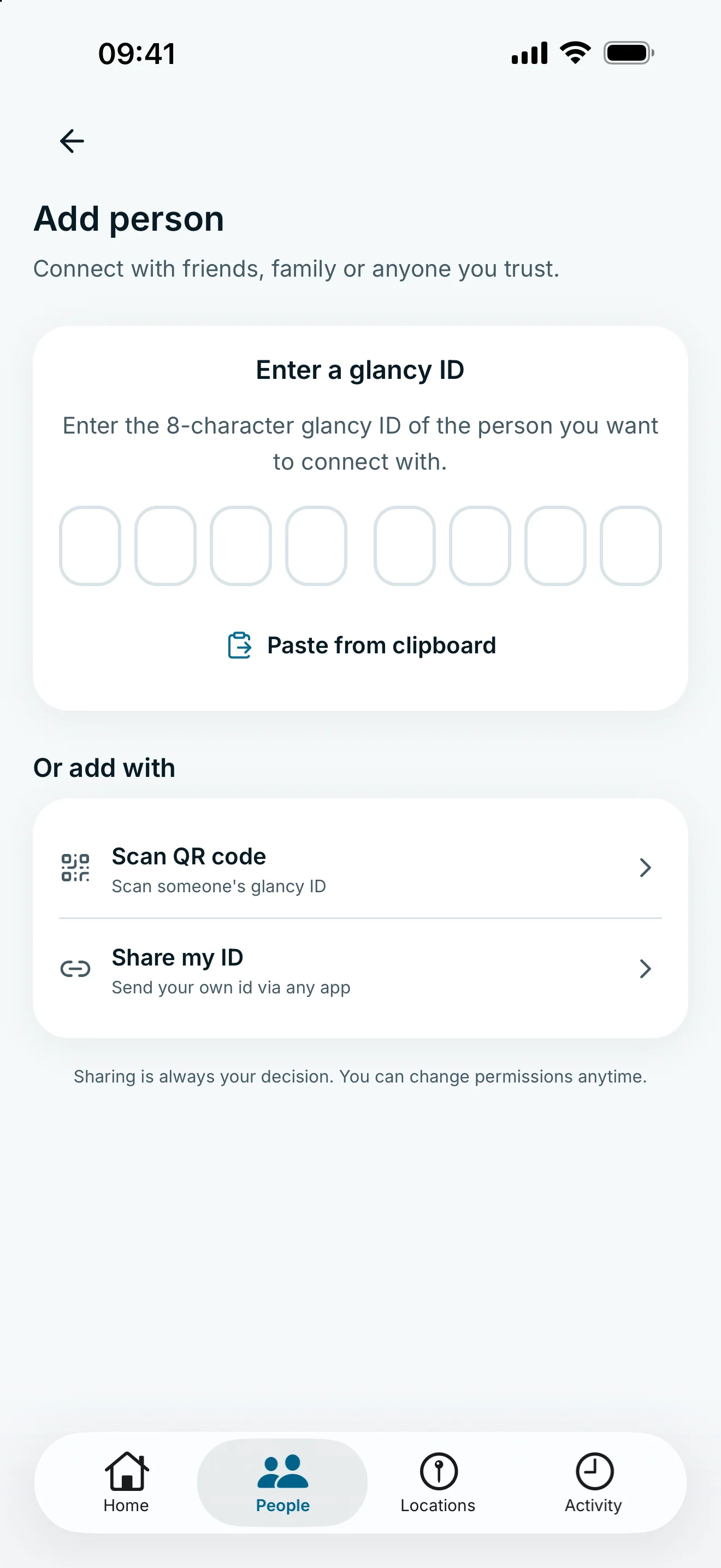 Add person in glancy with the ID field, Scan QR code and Share my ID.