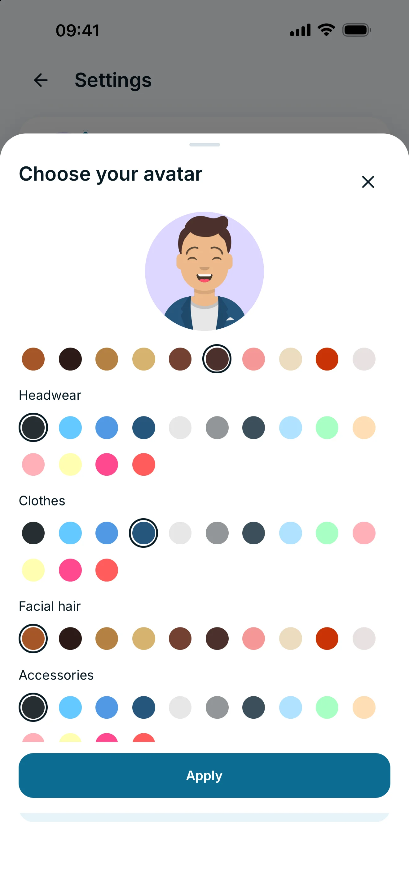 Avatar editor showing the preview and colour options for clothes and accessories.