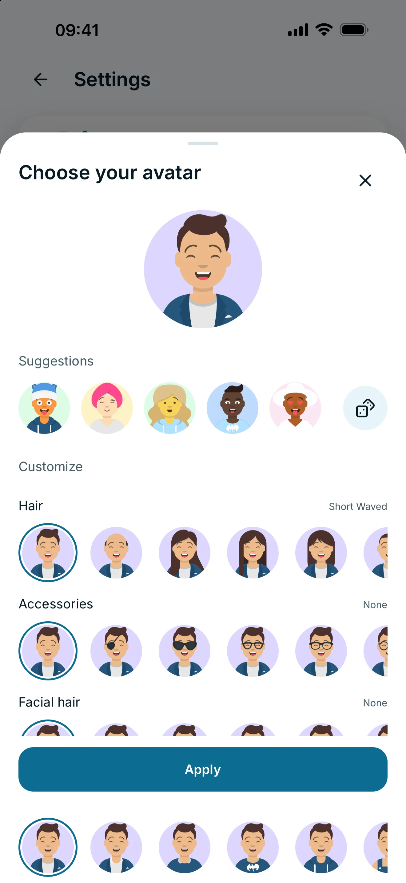 Avatar picker showing suggestions and the shuffle action.