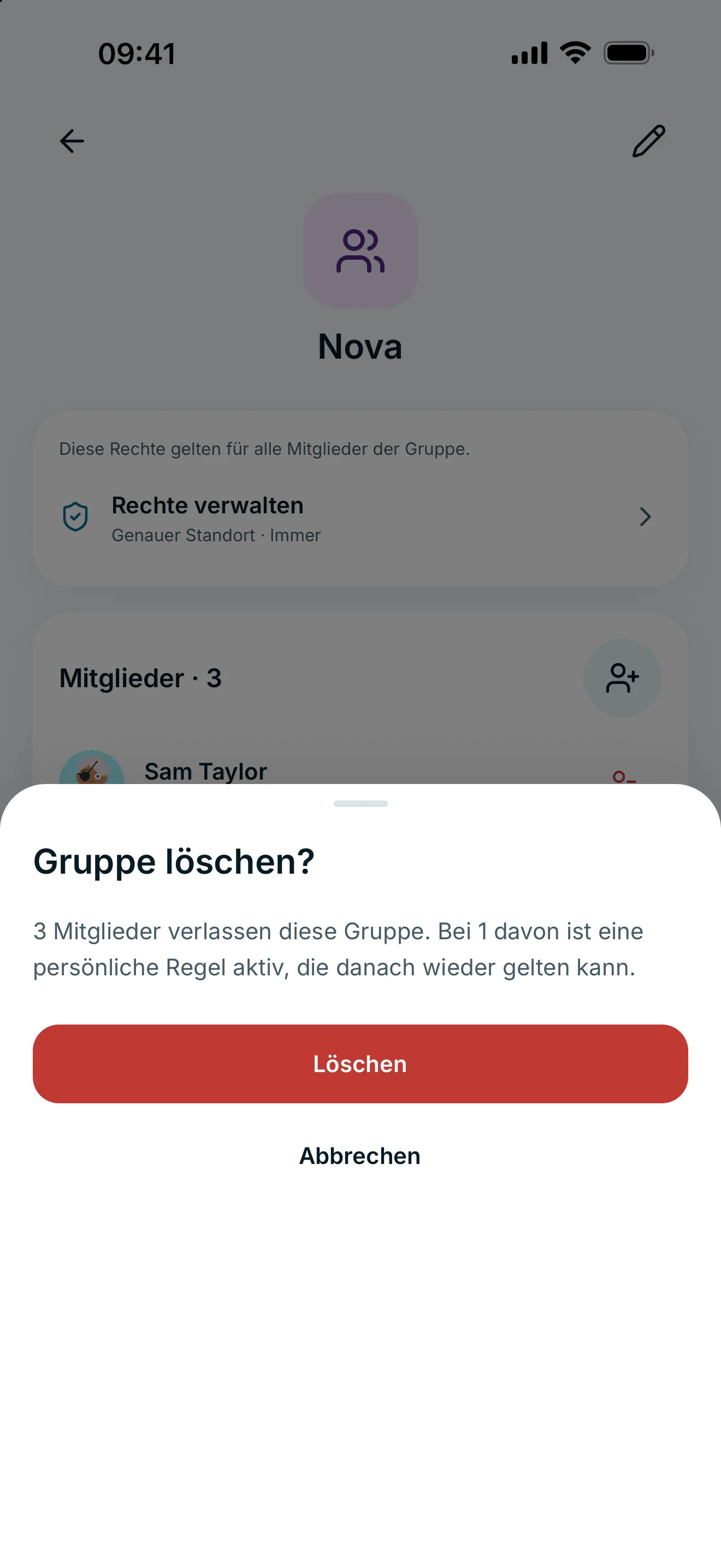 Dialog Gruppe löschen mit Anzahl der Mitglieder und Warnung vor persönlichen Freigaben.