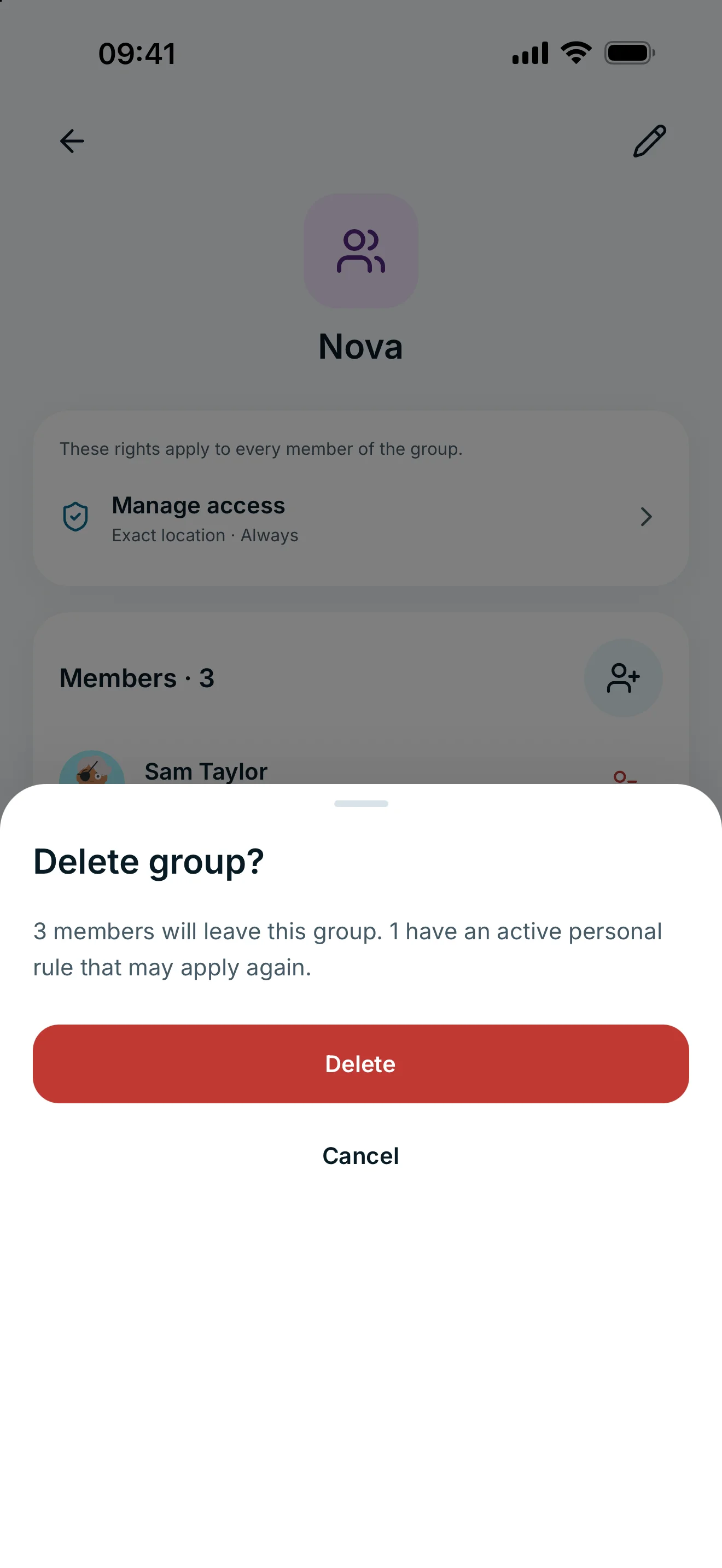 Delete group dialog showing member counts and a warning about personal permissions.