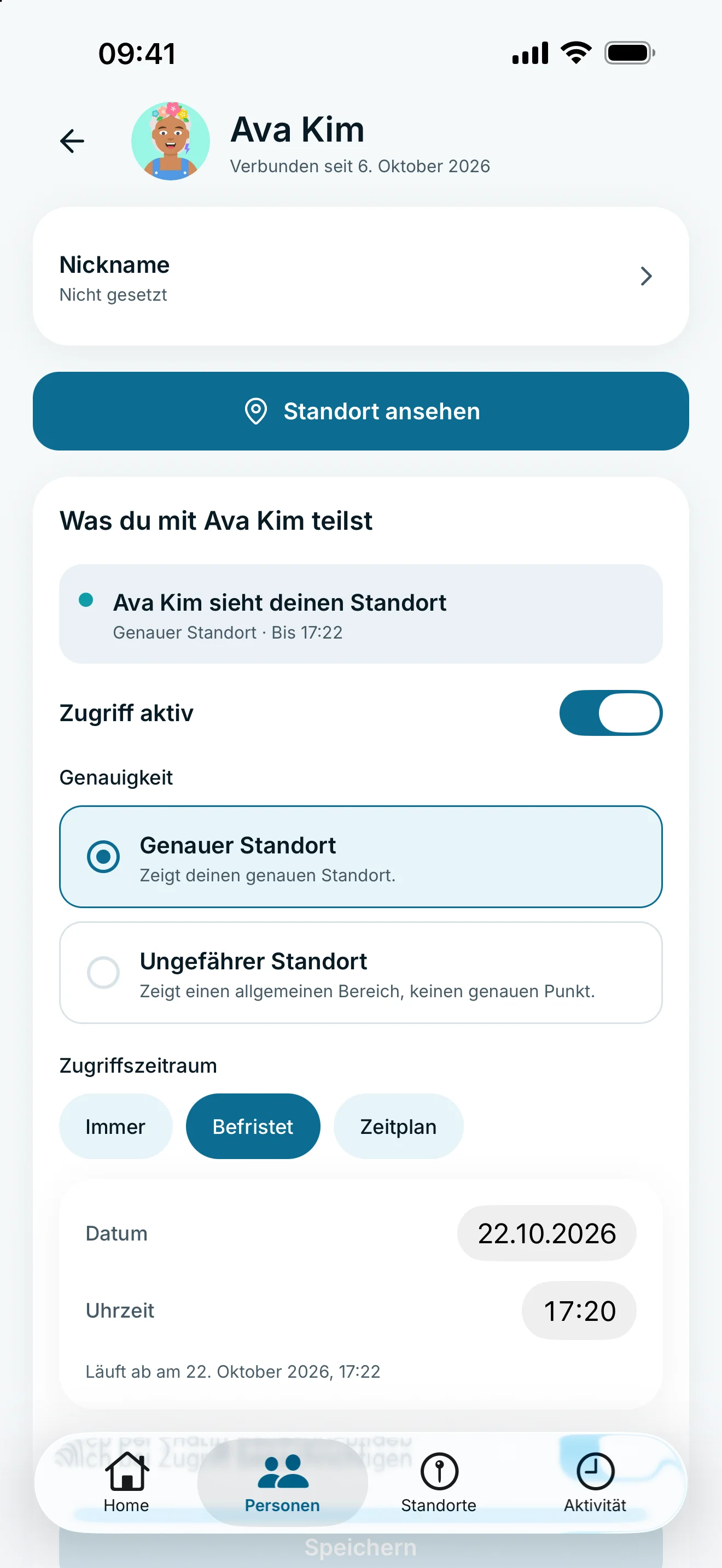 Persönliche Freigaberegel mit Auswahl der Standortgenauigkeit und des Zeitraums.