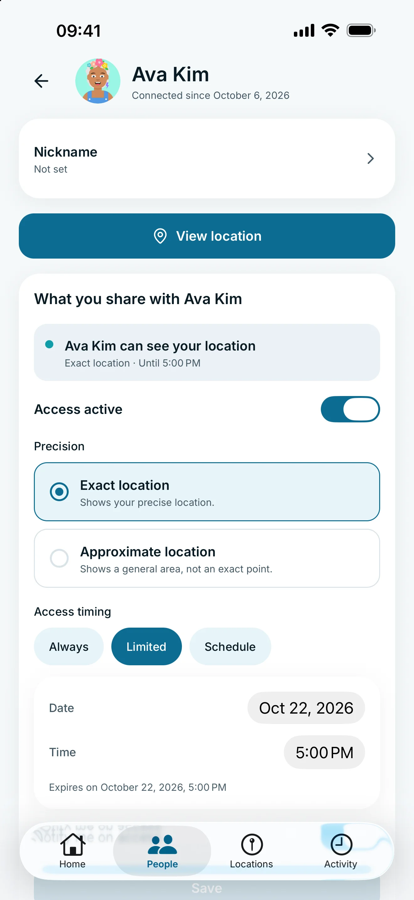 Personal sharing rule with location precision and timing controls.