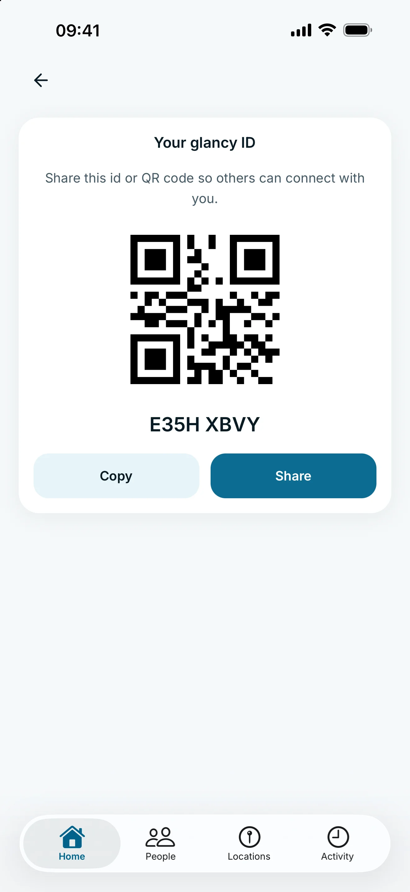 Your glancy ID and QR code, with copy and share actions.