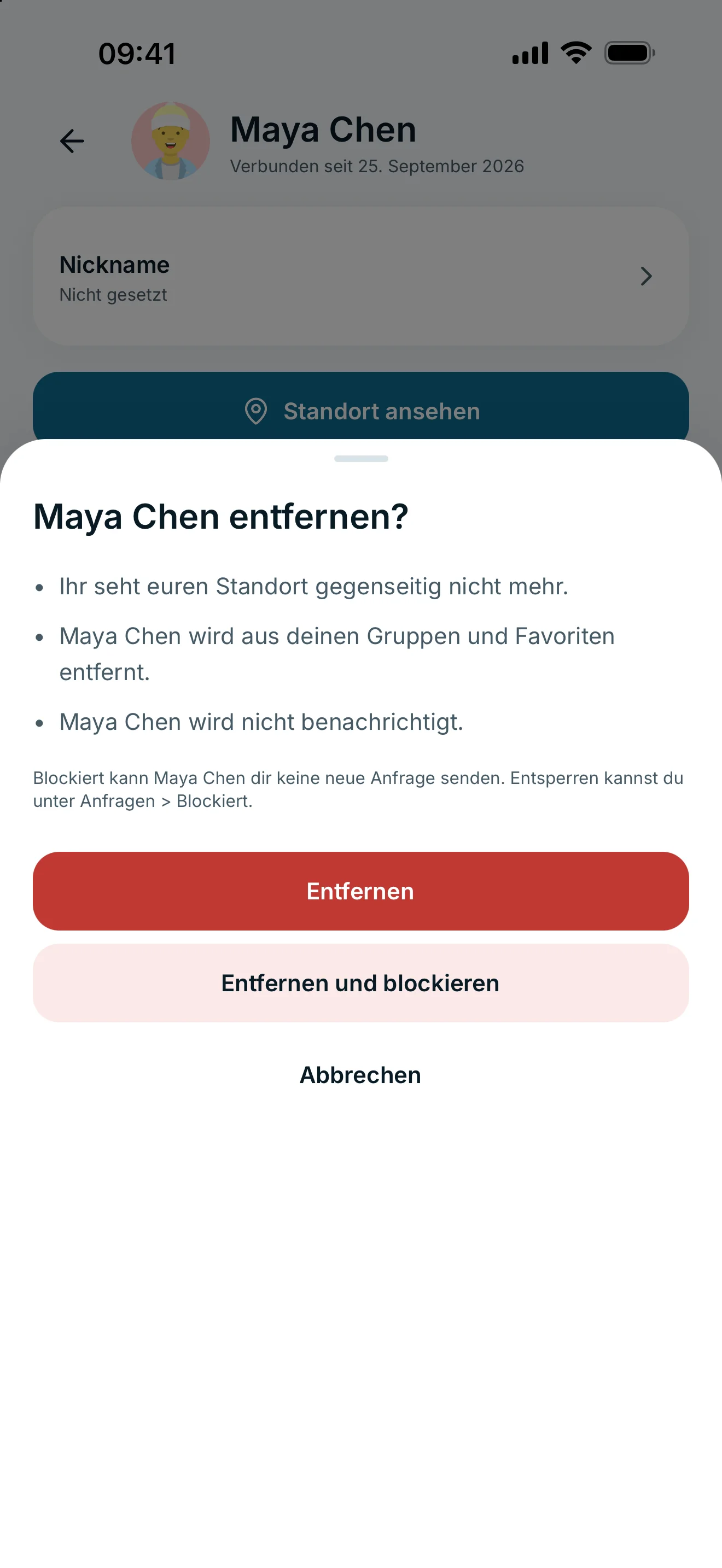 Bestätigung zum Entfernen einer Verbindung mit den Folgen und der Blockieroption.