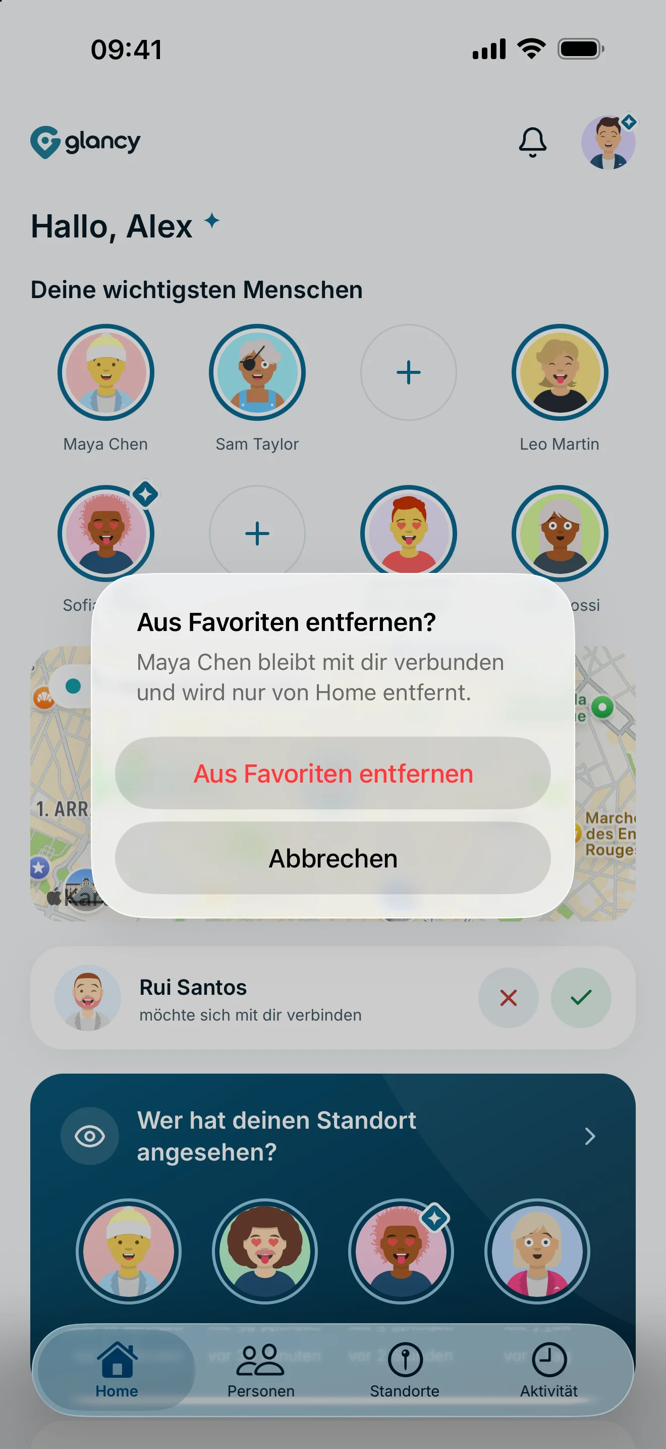 Bestätigung zum Entfernen eines Favoriten mit dem Hinweis auf die bestehende Verbindung.